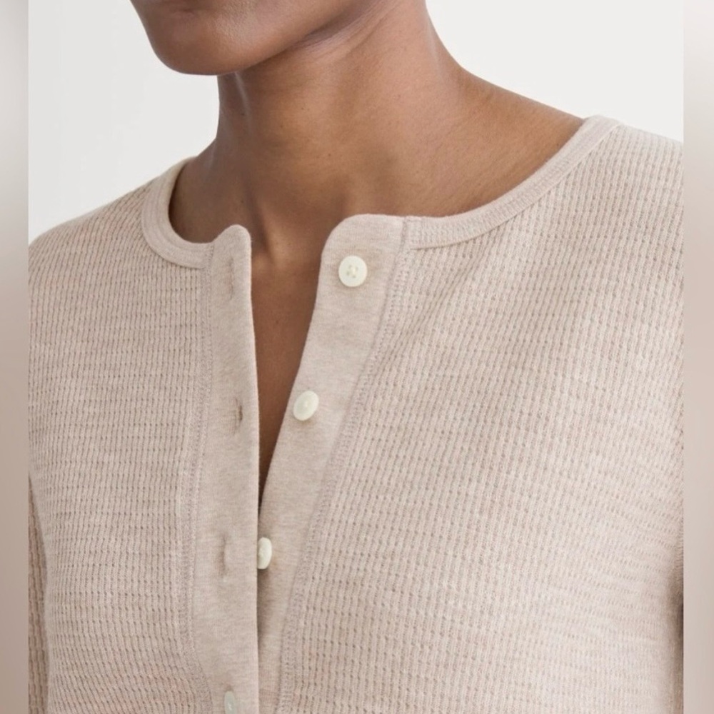 Everlane Cropped Tan Waffle Sweater Henley - Picture 2 of 5